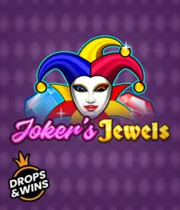 Enjoy the colorful ambiance of Joker's Jewels slot by Pragmatic Play, highlighting a mesmerizing joker's mask decorated with a brightly colored jester hat. This image conveys the light-hearted fun of casino gaming, set against a purple background. Ideal for casino game enthusiasts, promising a entertaining adventure. 