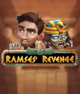 Uncover the ancient world of the Ramses' Revenge game by Relax Gaming, featuring a frightened explorer and a fierce mummy set against an Egyptian tomb backdrop. This graphic depicts the adventure of ancient Egyptian myths, perfect for those interested in historical adventures, delivering a thrilling adventure. 